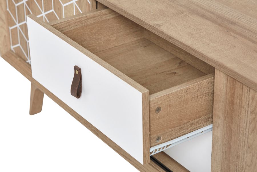 Mueble tv Java 2 puertas 2 cajones roble y blanco - Muebles Orencio