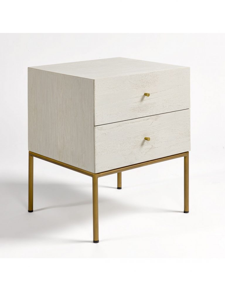 Mesita de noche roble blanco patinado y metal dorado - Muebles Orencio