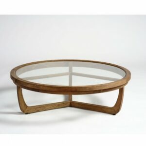 Mesa de centro redonda tres patas, roble natural y cristal Mesa de centro redonda tres patas, roble natural y cristal