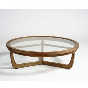 Mesa de centro redonda tres patas, roble natural y cristal Mesa de centro redonda tres patas, roble natural y cristal