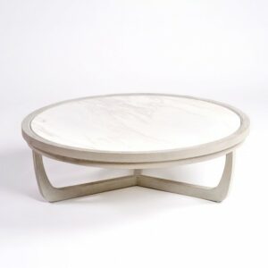 Mesa de centro redonda grande roble grisáceo y piedra