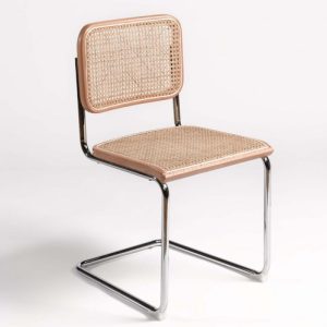 Silla de madera natural, ratán natural y pata cromada Silla de madera natural, ratán natural y pata cromada