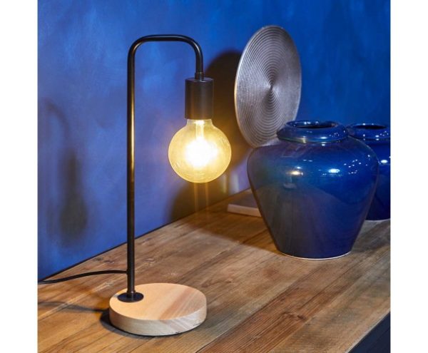 Lámpara de mesa negra, madera y cristal