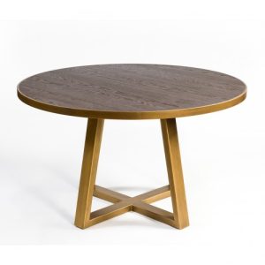 Mesa redonda de roble y metal dorado Mesa redonda de roble y metal dorado