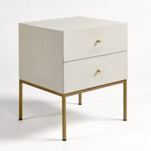 Mesita de noche roble blanco grisáceo patinado y metal con dos cajones Mesita de noche roble blanco grisáceo patinado y metal con dos cajones