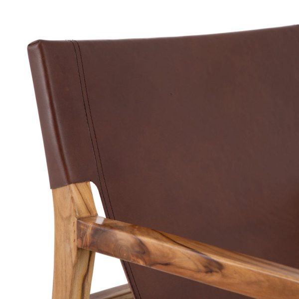 Sillón marrón madera teca-piel salón 69 x 82 x 82 cm