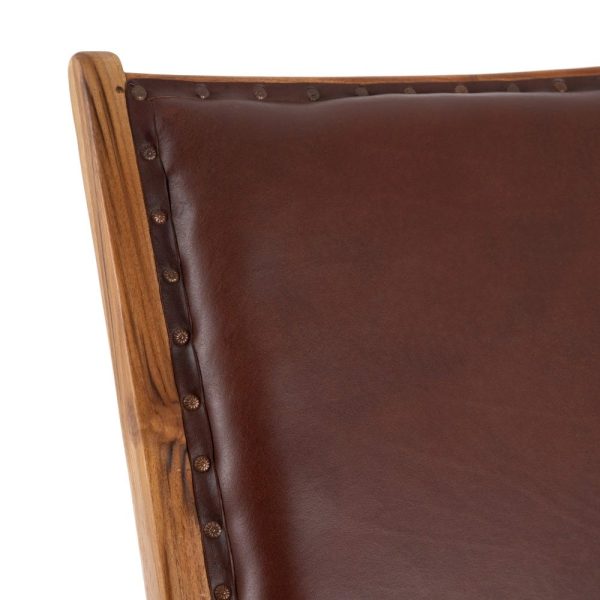 Sillón marrón madera teca-piel salón 68 x 75 x 80 cm