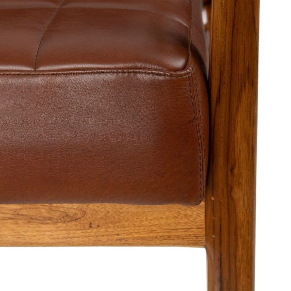 Sillón marrón madera teca-piel salón 68 x 78 x 82 cm