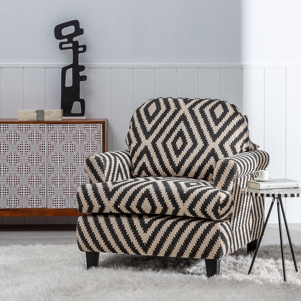 Sillón blanco-negro tejido-madera salón 91 x 90 x 95 cm - Muebles Orencio -  Denzzo