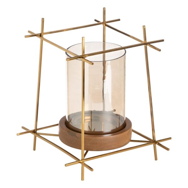 Portavelas oro-marrón metal-madera 24 x 24 x 26 cm