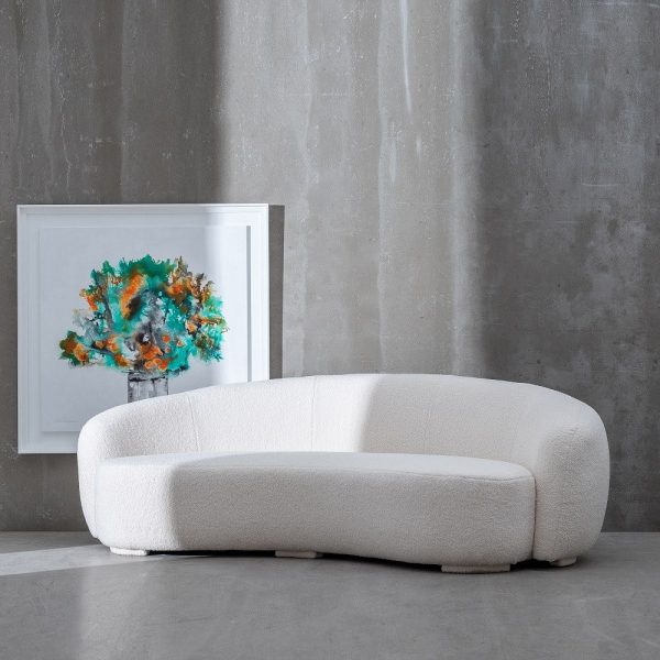 Sofá curvo crema tejido-madera salón 230 x 135 x 75 cm