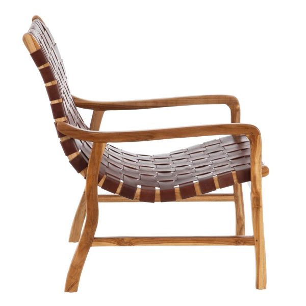 Sillón marrón madera teca-piel salón 66 x 71 x 90 cm