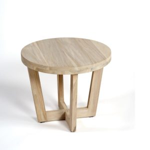 Mesa auxiliar redonda con pata y sobre de madera de teka