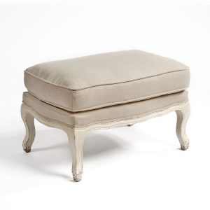 Reposapies de madera blanco envejecido y lino beige Reposapies de madera blanco envejecido y lino beige