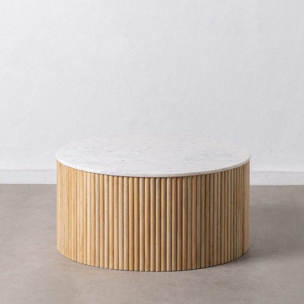 Mesa centro natural-blanco mármol/madera 80 x 80 x 40 cm