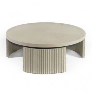 Mesa de centro redonda blanco grisáceo y metal negro pata alistonada Mesa de centro redonda blanco grisáceo y metal negro pata alistonada