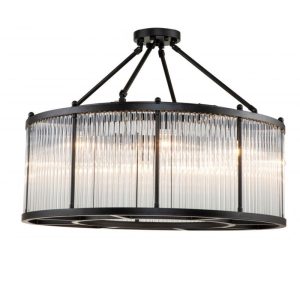 Lámpara de techo redonda metal negro y pantalla tubos de cristal