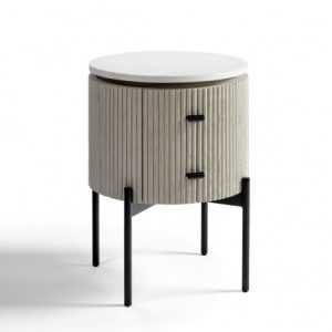 Mesita de noche redonda madera blanca grisácea y metal negro Mesita de noche redonda madera blanca grisácea y metal negro