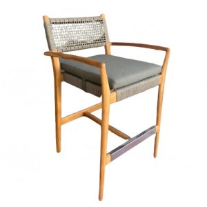 Banqueta de teca y respaldo y asiento de cuerda gris