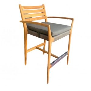 Banqueta de exterior con respaldo y reposabrazo de cuerda gris y teca