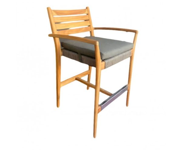 Banqueta de exterior con respaldo y reposabrazo de cuerda gris y teca