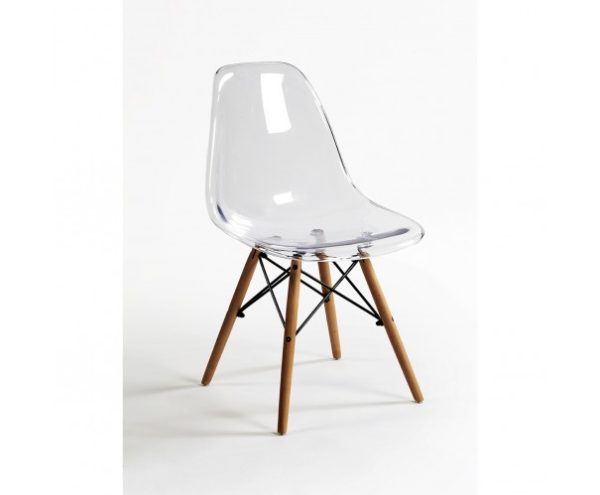 Silla transparente con pata de madera