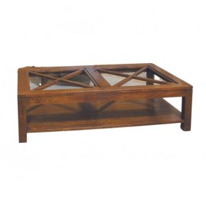 Mesa de centro de roble con cruceta y cristal