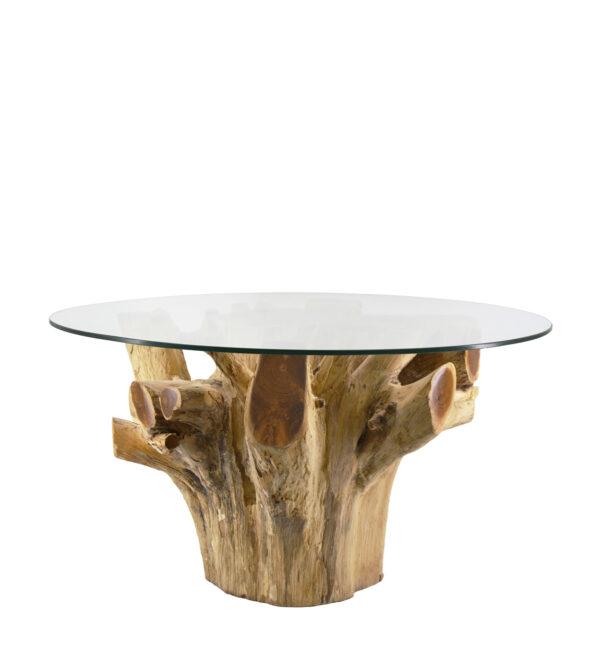 Mesa centro raiz teka blanqueada con cristal 80*80*45