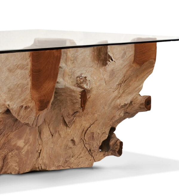 Mesa centro raiz teka blanqueada con cristal 120*75*45