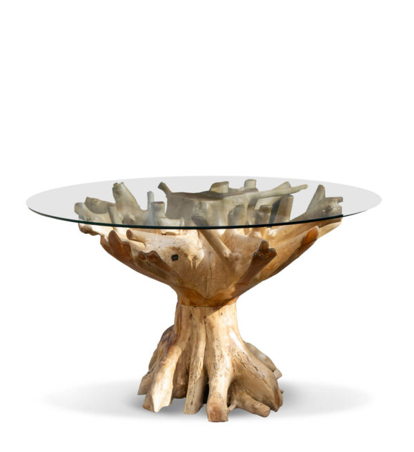 Mesa raíz teka blanqueada con cristal 130*130*78 a