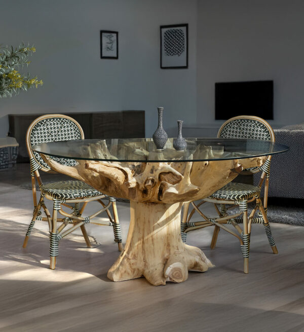 Mesa raíz teka blanqueada 2 piezas con cristal 150*150*78