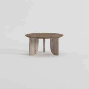 Mesa de centro en fresno y travertino beig mate.