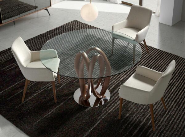 Mesa comedor redonda cristal templado y nogal