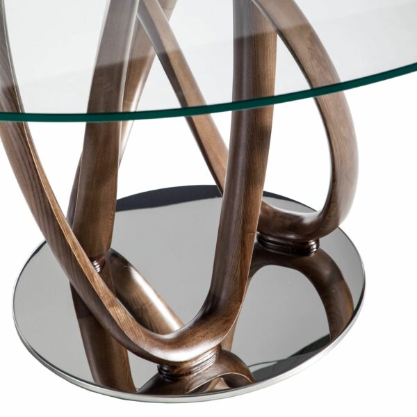 Mesa comedor redonda cristal templado y nogal