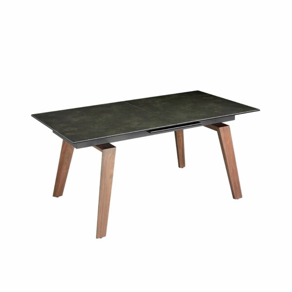 Mesa comedor extensible rectangular mármol porcelánico y nogal