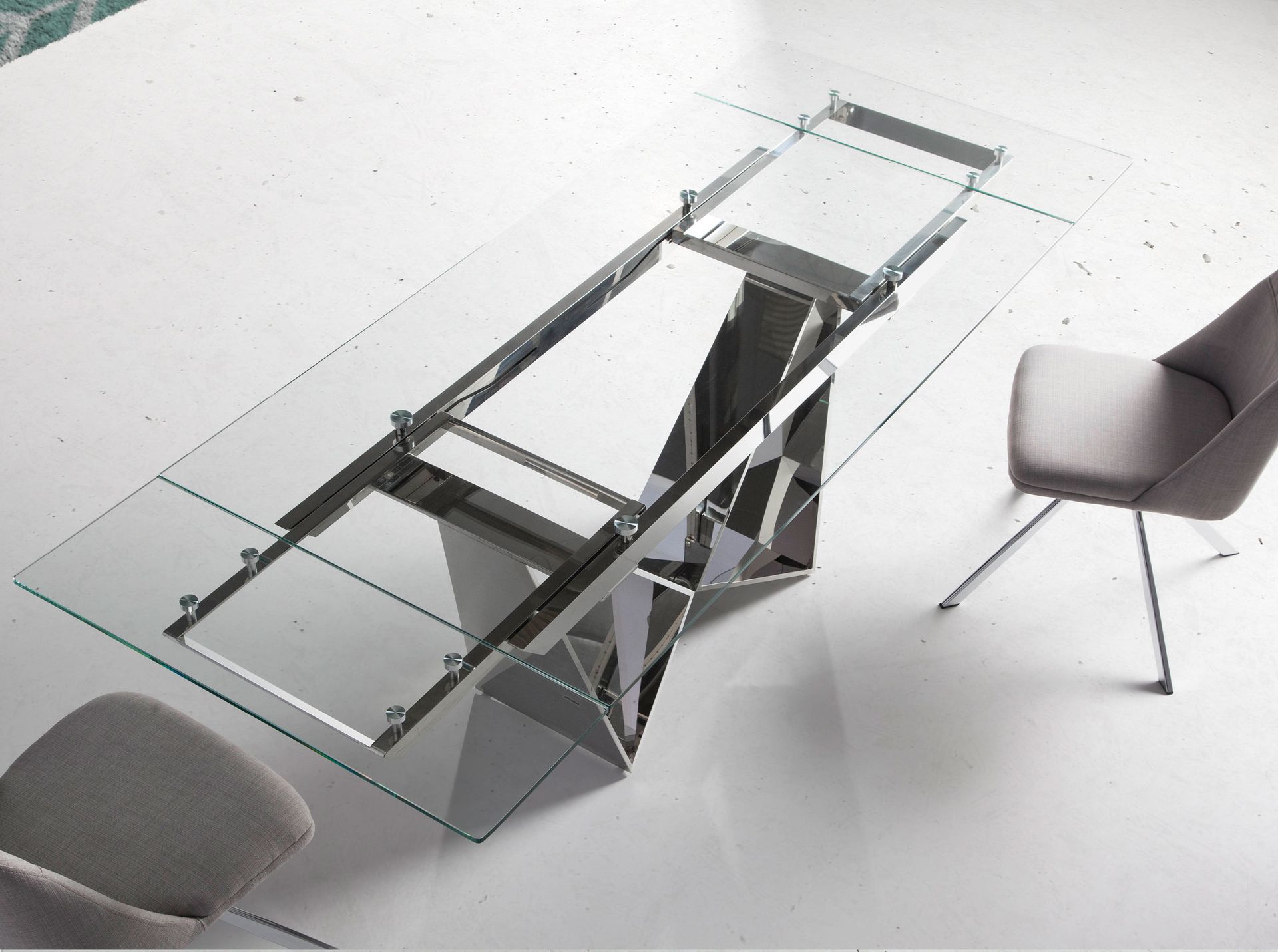 Mesa comedor extensible rectangular cristal templado y acero cromado Mesa comedor extensible rectangular cristal templado y acero cromado