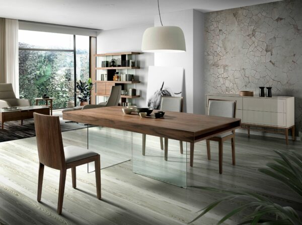 Mesa comedor rectangular nogal y cristal templado