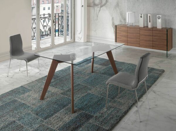 Mesa comedor rectangular cristal templado y nogal