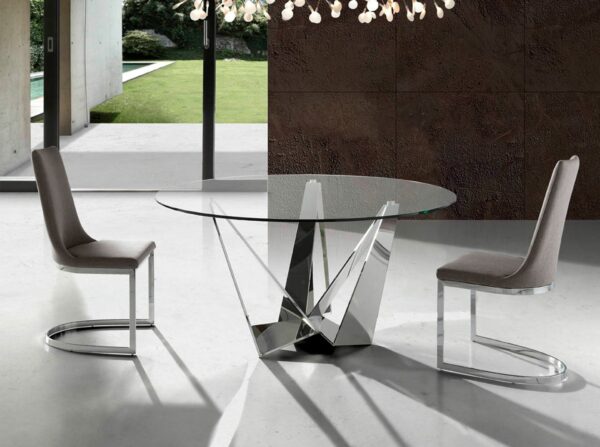 Mesa comedor redonda cristal templado y acero cromado