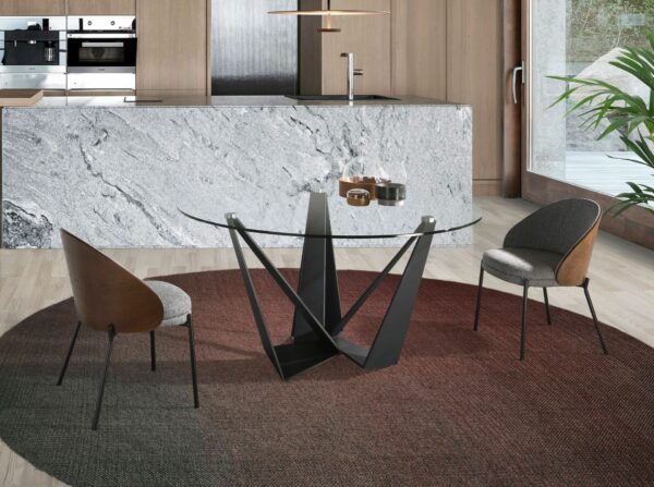 Mesa comedor redonda cristal templado y acero negro