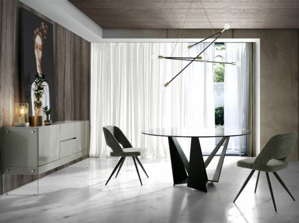Mesa comedor redonda cristal templado y acero negro