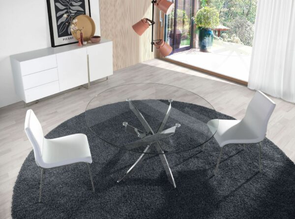 Mesa comedor redonda cristal templado y acero cromado
