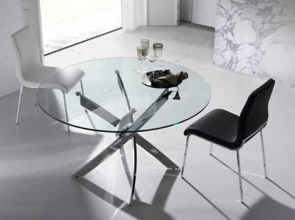 Mesa comedor redonda cristal templado y acero cromado