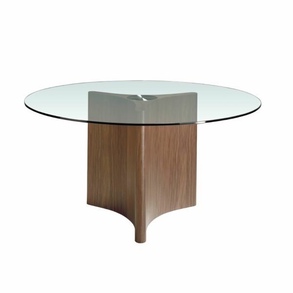 Mesa comedor redonda cristal templado y nogal