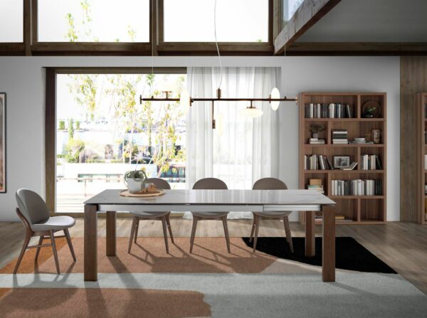 Mesa comedor extensible rectangular mármol porcelánico y nogal