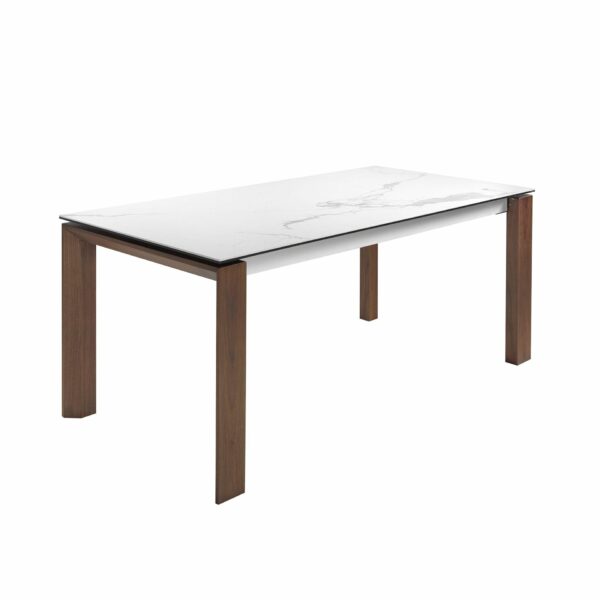 Mesa comedor extensible rectangular mármol porcelánico y nogal