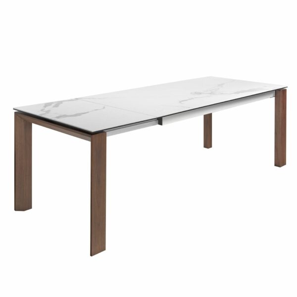 Mesa comedor extensible rectangular mármol porcelánico y nogal