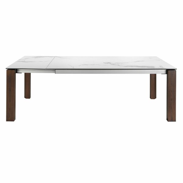 Mesa comedor extensible rectangular mármol porcelánico y nogal