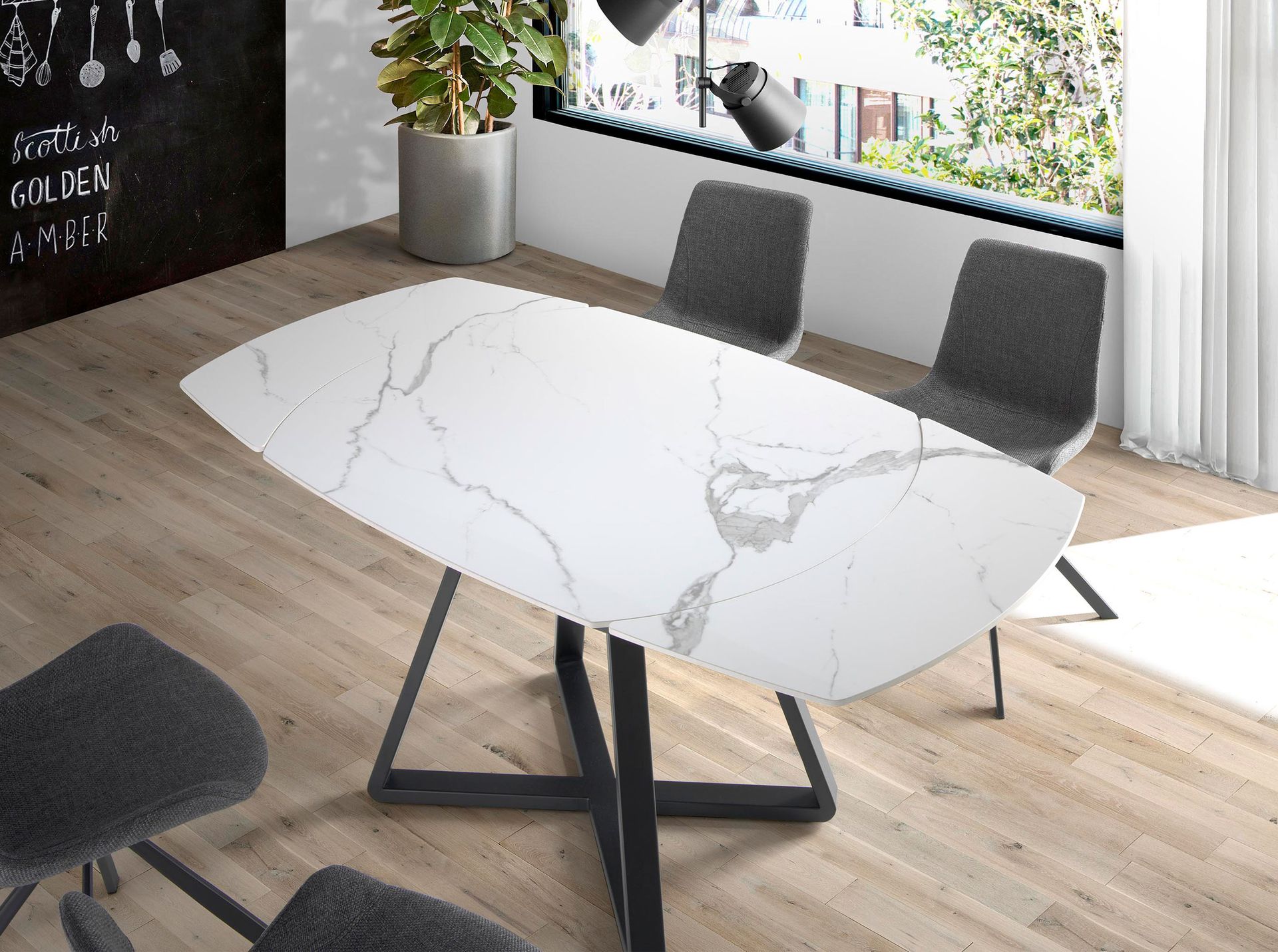 Mesa comedor extensible ovalada barril mármol porcelánico y acero negro Mesa comedor extensible ovalada barril mármol porcelánico y acero negro