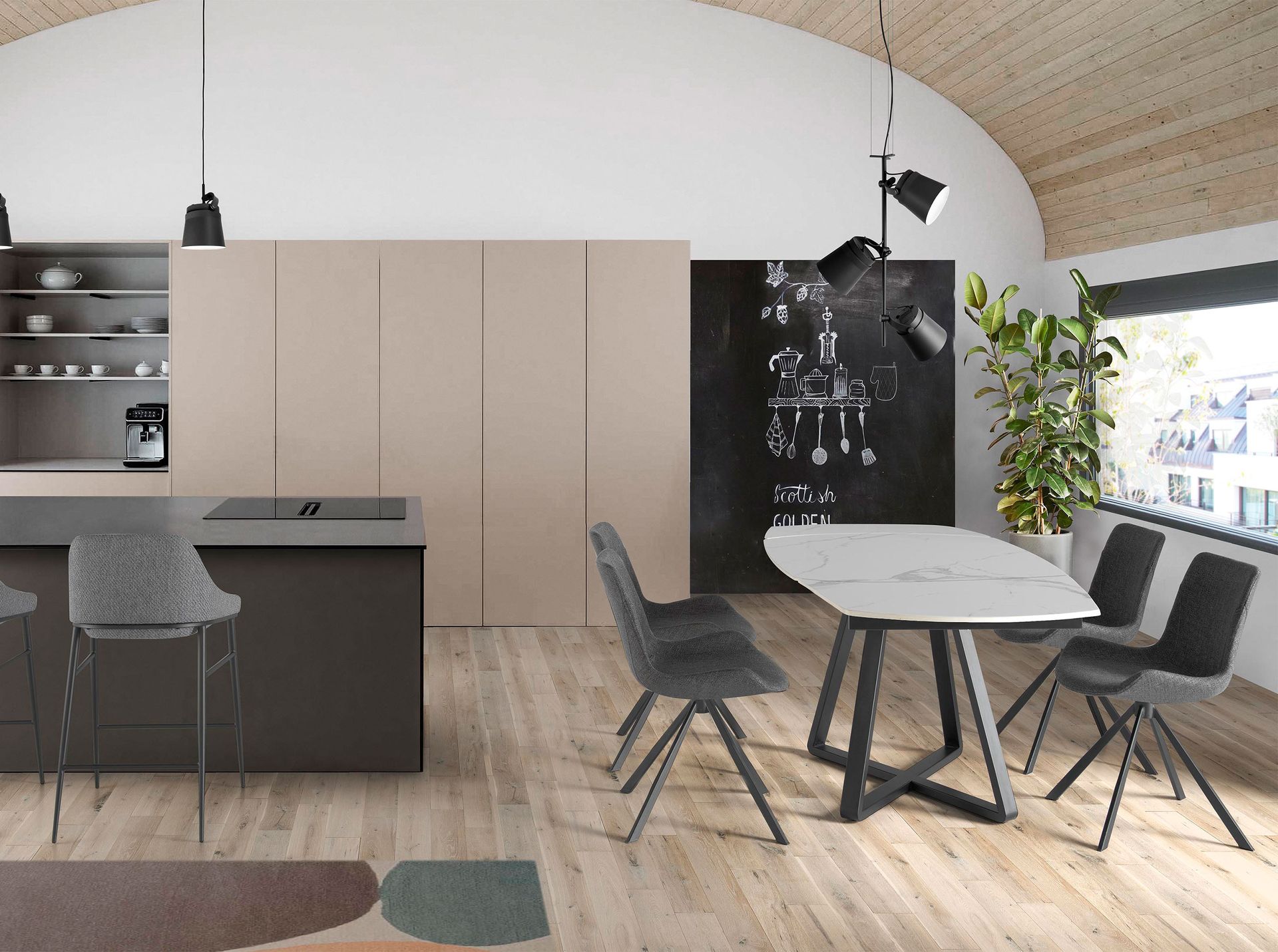 Mesa comedor extensible ovalada barril mármol porcelánico y acero negro Mesa comedor extensible ovalada barril mármol porcelánico y acero negro